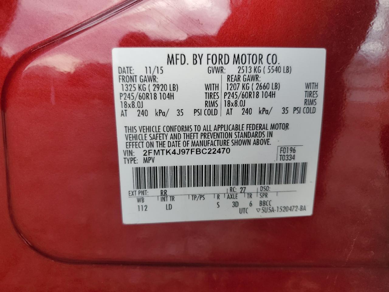 VIN 2FMTK4J97FBC22470 2015 FORD EDGE no.13