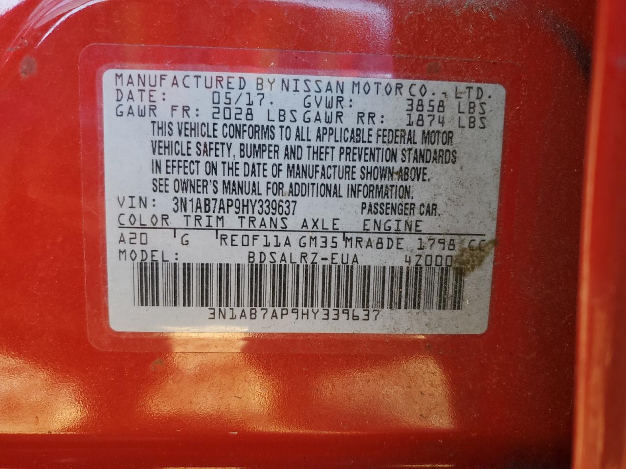 3N1AB7AP9HY339637 NISSAN SENTRA 2017