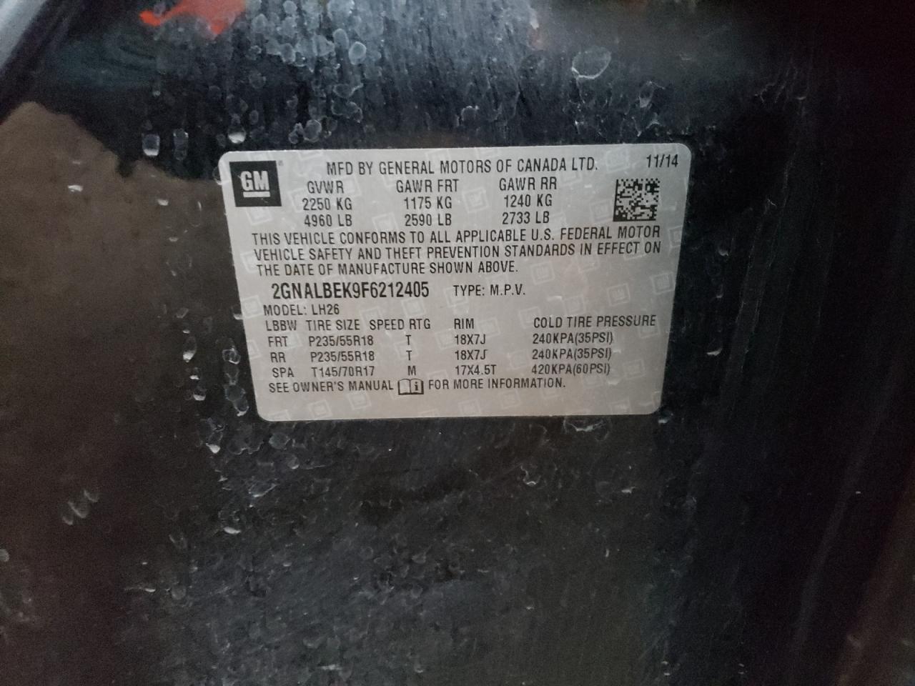 2015 Chevrolet Equinox Lt VIN: 2GNALBEK9F6212405 Lot: 85330414