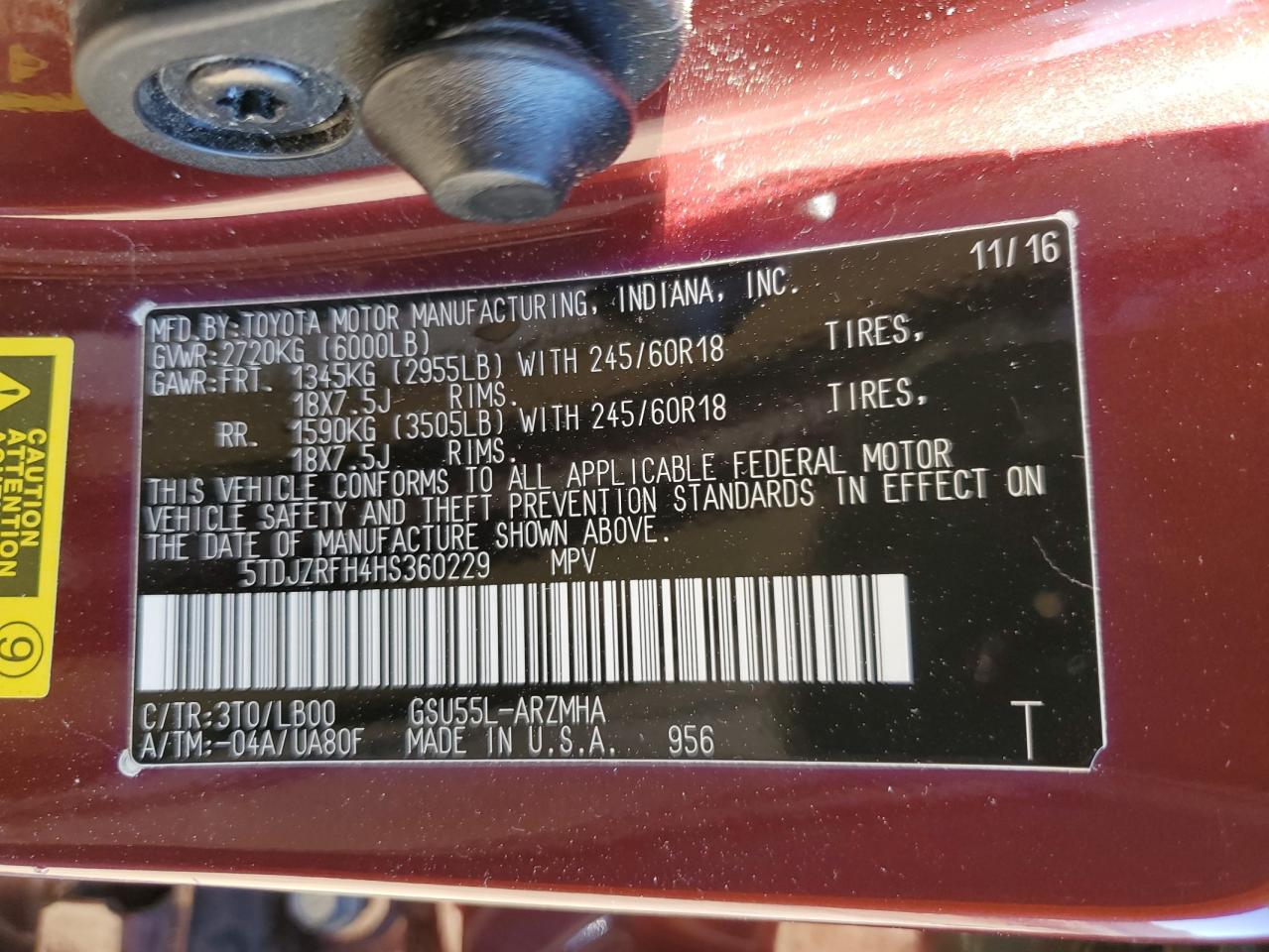 2017 Toyota Highlander Se VIN: 5TDJZRFH4HS360229 Lot: 87053374