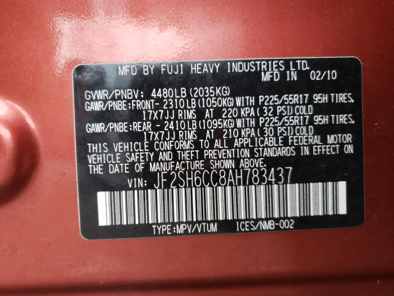 2010 Subaru Forester 2.5X Premium VIN: JF2SH6CC8AH783437 Lot: 82758394