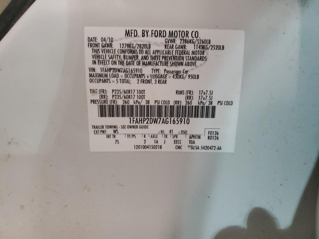 2010 Ford Taurus Se VIN: 1FAHP2DW7AG165910 Lot: 85322934