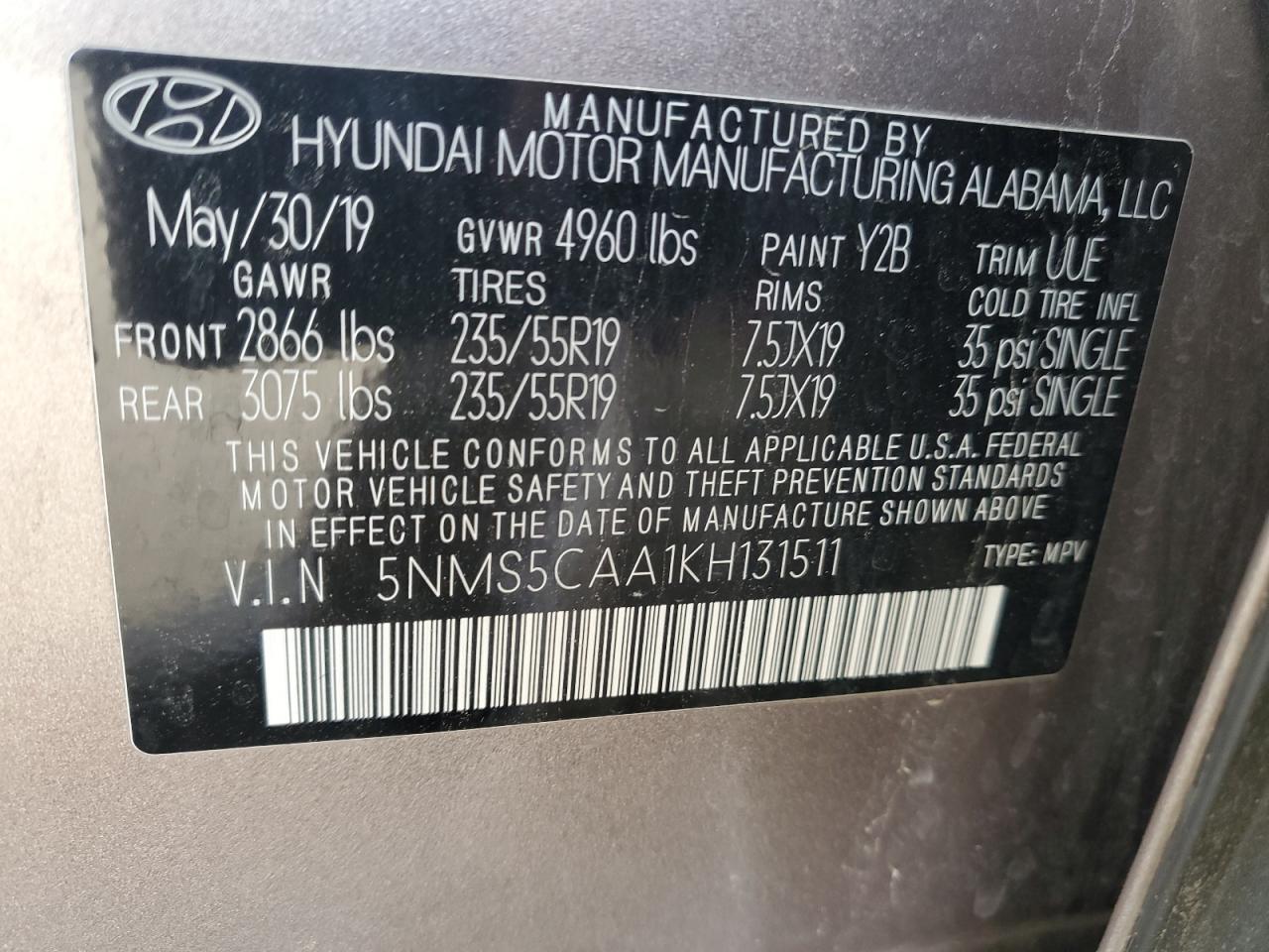 VIN 5NMS5CAA1KH131511 2019 HYUNDAI SANTA FE no.13