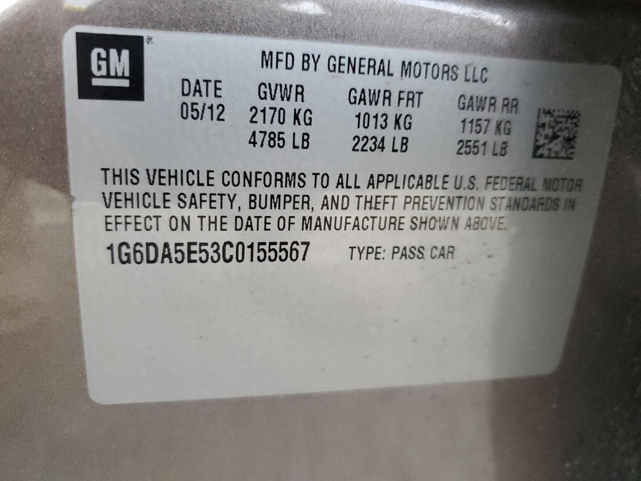 2012 Cadillac Cts VIN: 1G6DA5E53C0155567 Lot: 87066684