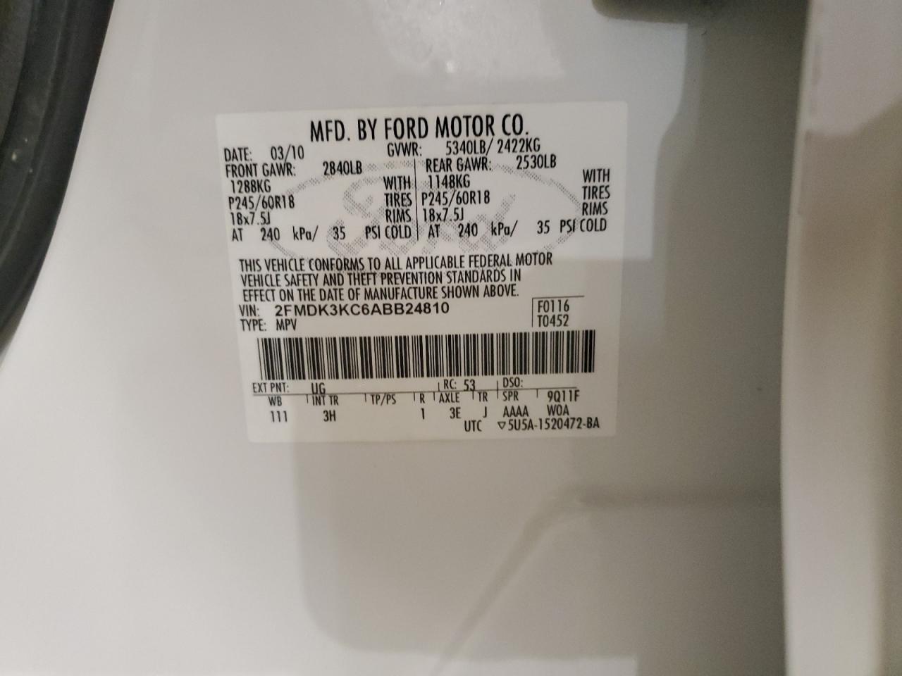 2010 Ford Edge Limited VIN: 2FMDK3KC6ABB24810 Lot: 84512634