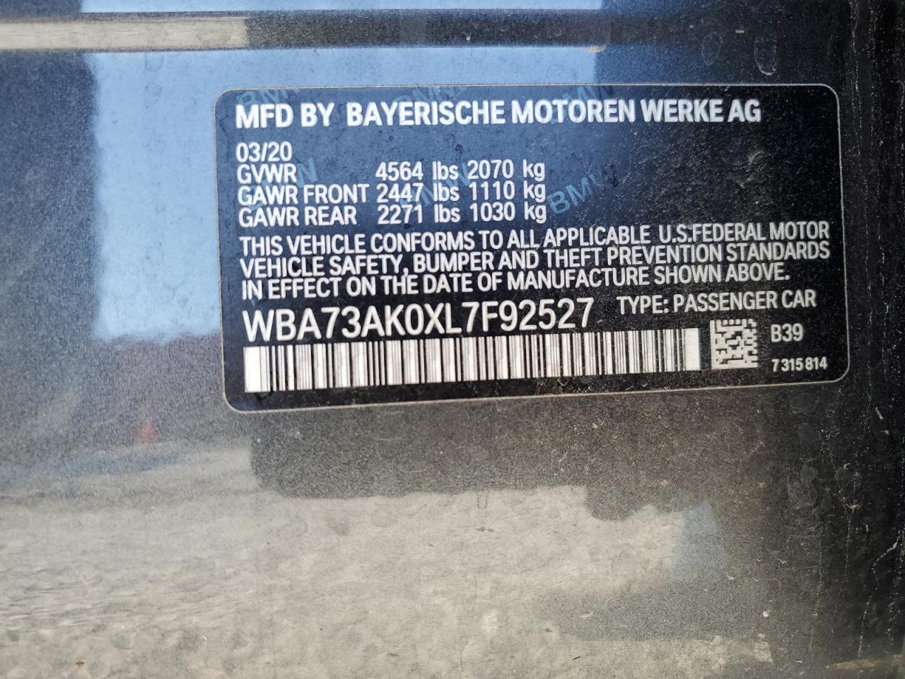 VIN WBA73AK0XL7F92527 2020 BMW 2 SERIES no.12