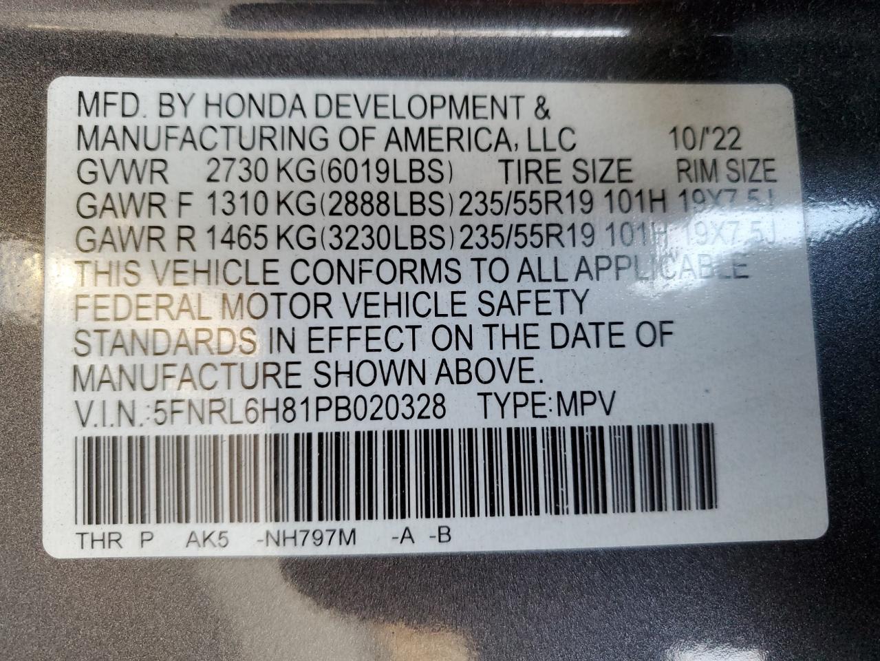 VIN 5FNRL6H81PB020328 2023 HONDA ODYSSEY no.14