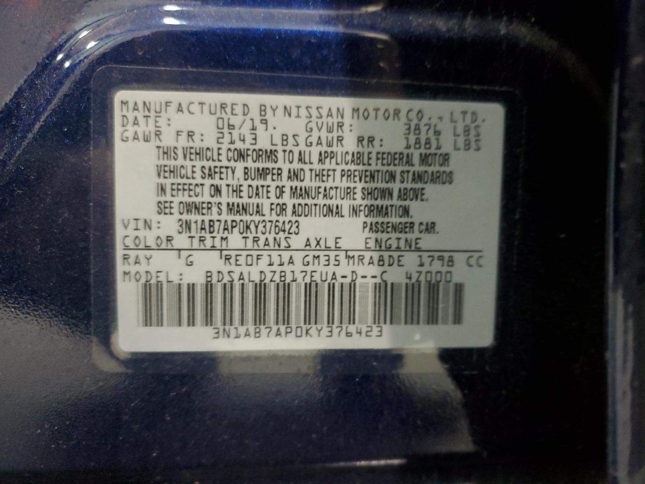 3N1AB7AP0KY376423 NISSAN SENTRA 2019