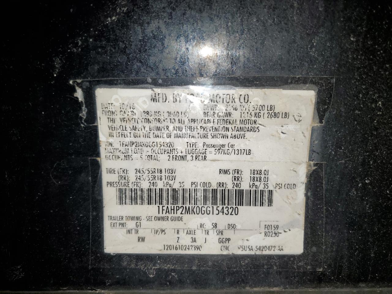 1FAHP2MK0GG154320 FORD TAURUS 2016