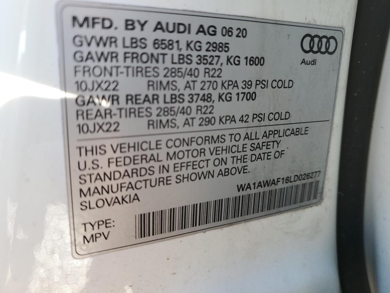2020 Audi Sq8 Premium Plus VIN: WA1AWAF16LD026277 Lot: 83609174