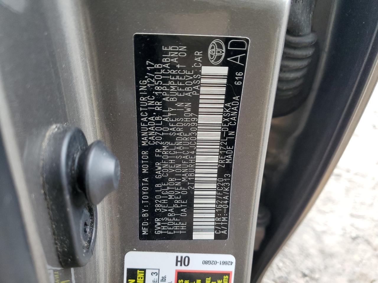 2018 Toyota Corolla L VIN: 2T1BURHE4JC030997 Lot: 85238894