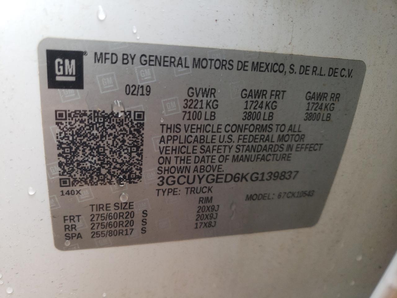 3GCUYGED6KG139837 CHEVROLET ALL Models 2019