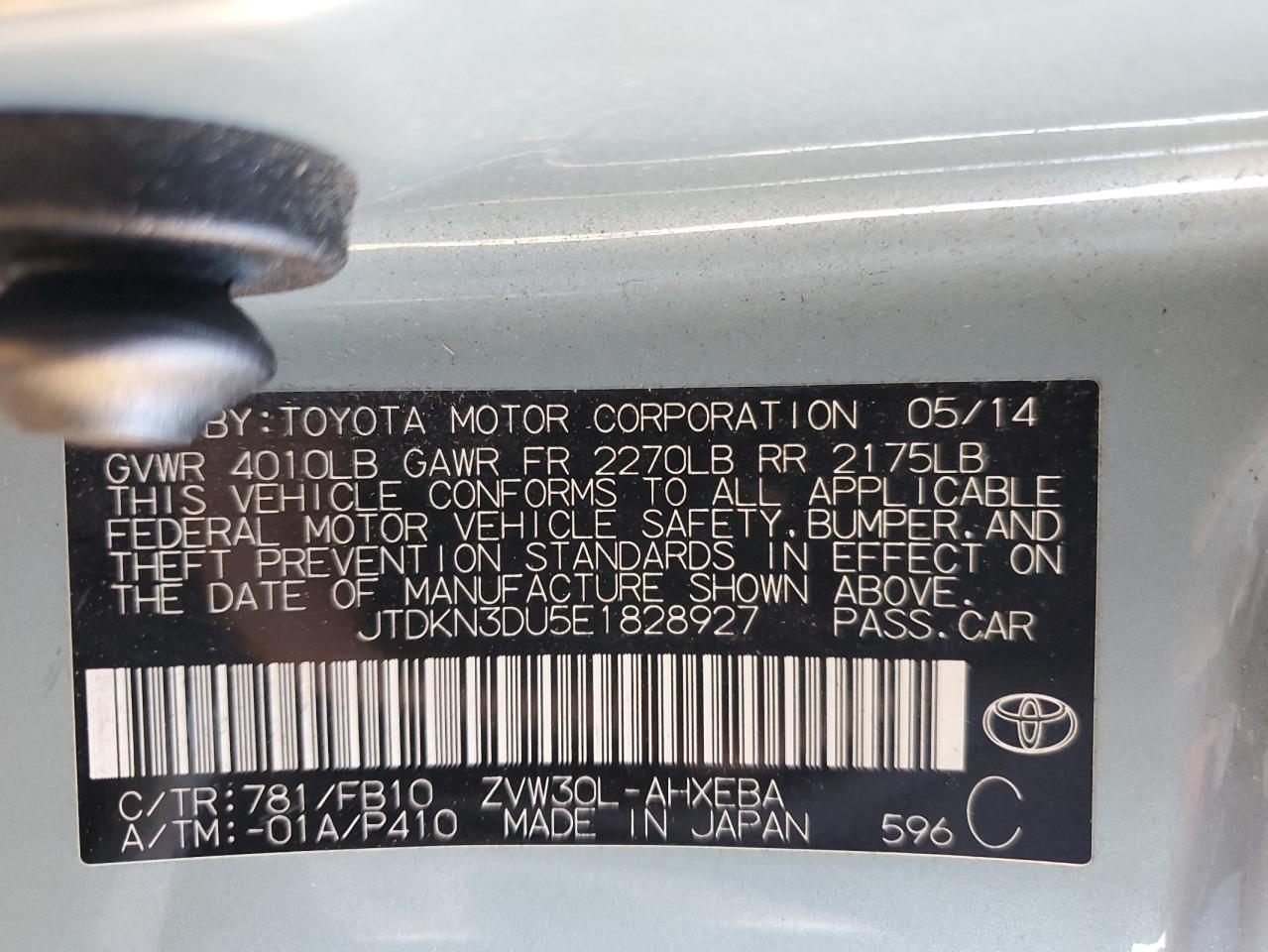 VIN JTDKN3DU5E1828927 2014 TOYOTA PRIUS no.12