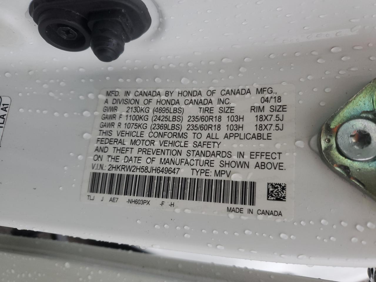 2HKRW2H58JH649647 HONDA CRV 2018