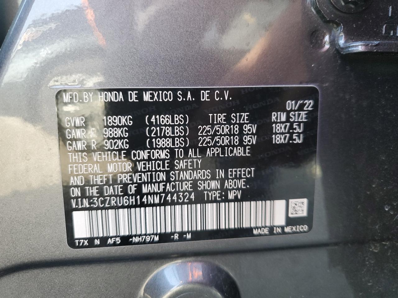 3CZRU6H14NM744324 HONDA HR-V 2022