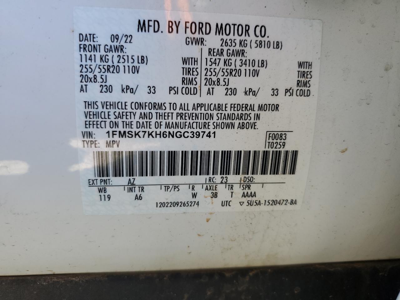1FMSK7KH6NGC39741 FORD EXPLORER 2022