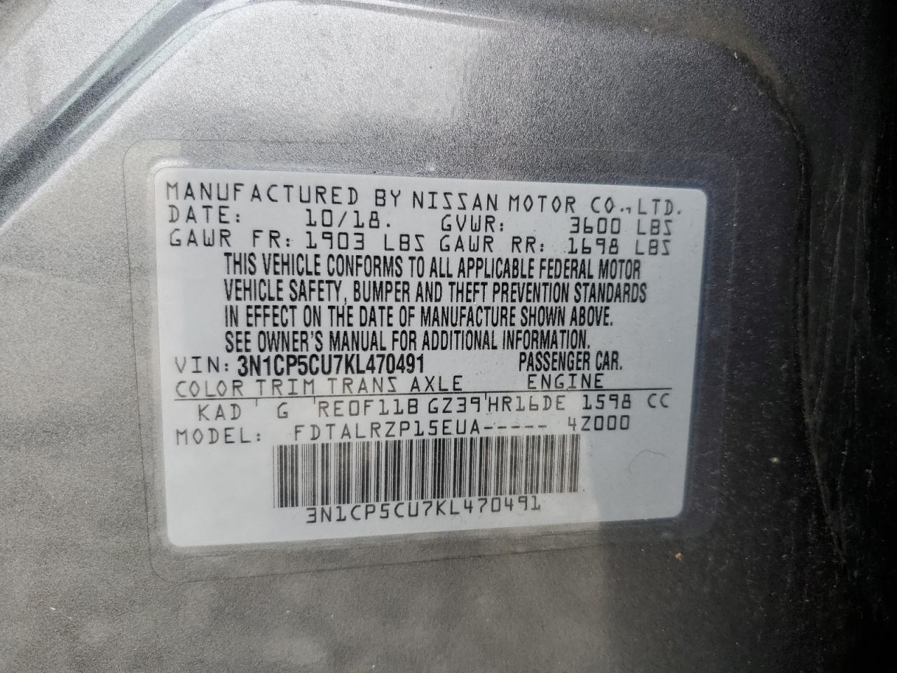 3N1CP5CU7KL470491 NISSAN KICKS 2019