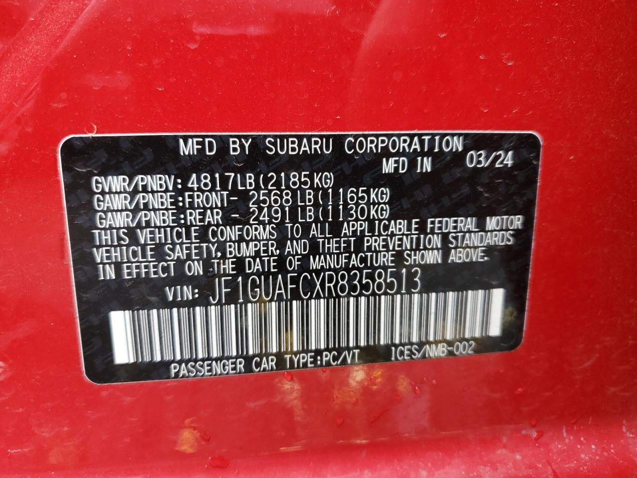 2024 Subaru Impreza Sport VIN: JF1GUAFCXR8358513 Lot: 86249165