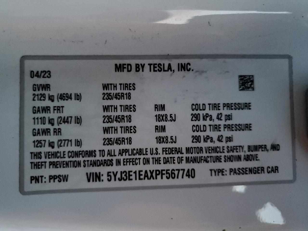 2023 Tesla Model 3 VIN: 5YJ3E1EAXPF567740 Lot: 83827884