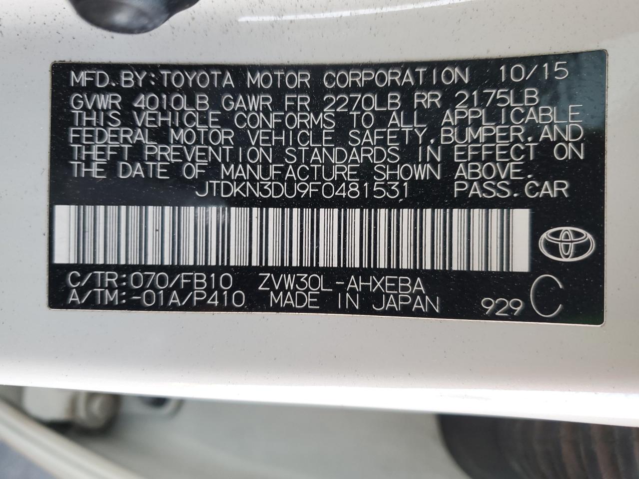 VIN JTDKN3DU9F0481531 2015 TOYOTA PRIUS no.12