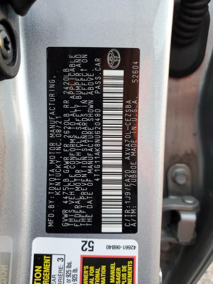 4T1G11AK8NU620480 TOYOTA CAMRY 2022