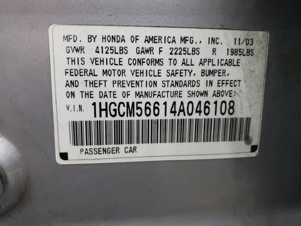 2004 Honda Accord Ex VIN: 1HGCM56614A046108 Lot: 84276224