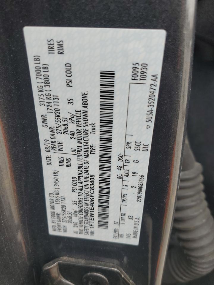 2019 Ford F150 Supercrew VIN: 1FTEW1E40KFC83408 Lot: 86662204