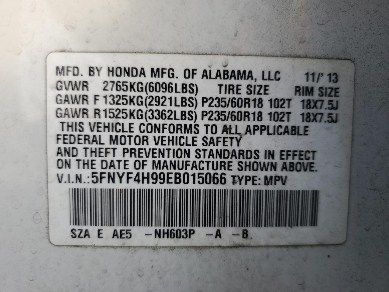 VIN 5FNYF4H99EB015066 2014 HONDA PILOT no.13