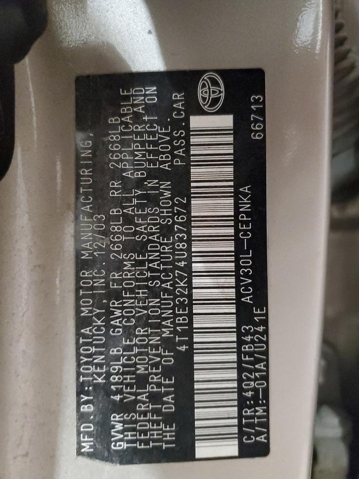 2004 Toyota Camry Le VIN: 4T1BE32K74U837672 Lot: 84669274