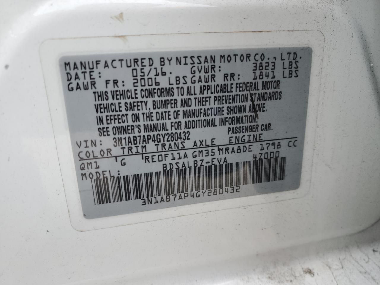 3N1AB7AP4GY280432 NISSAN SENTRA 2016