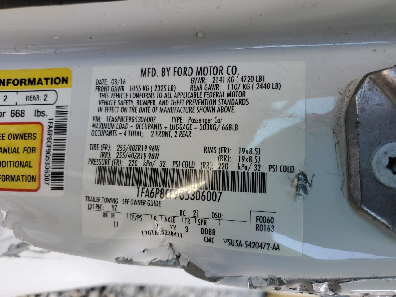 1FA6P8CF9G5306007 FORD MUSTANG 2016