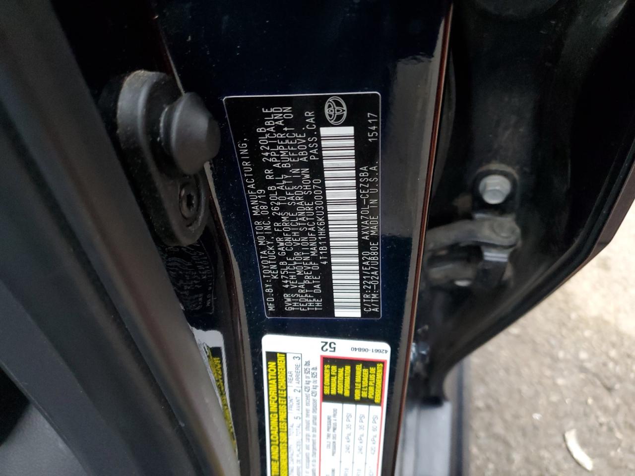 4T1B11HK6KU300070 TOYOTA CAMRY 2019