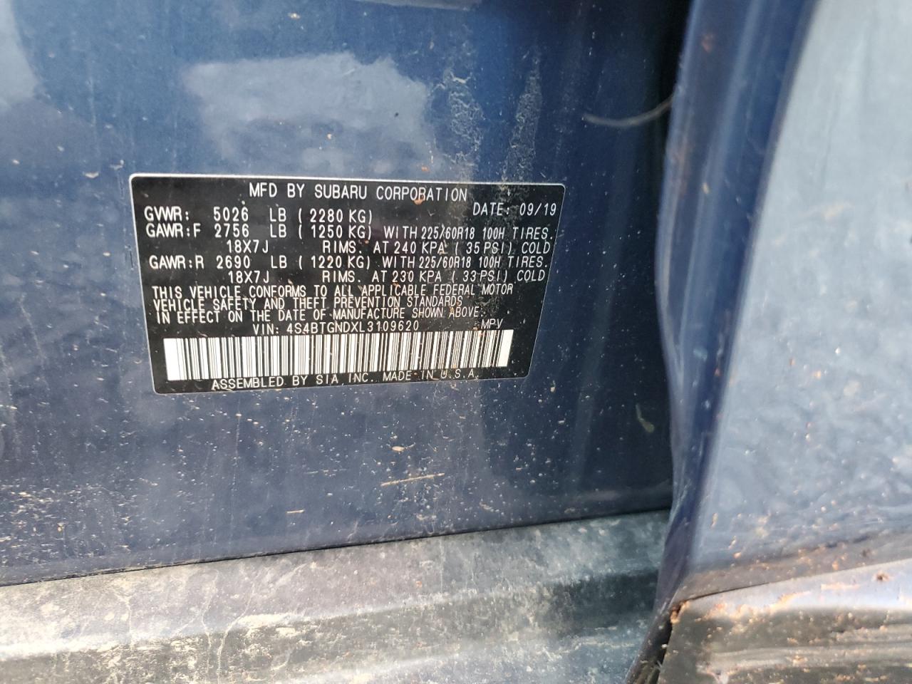 2020 Subaru Outback Limited Xt VIN: 4S4BTGNDXL3109620 Lot: 85018784