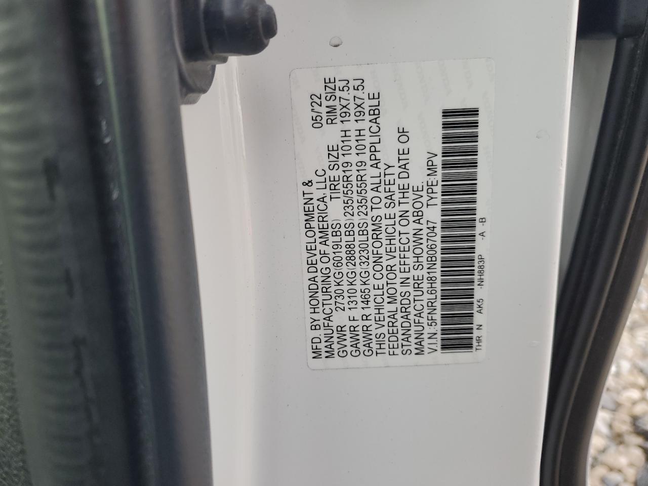 2022 Honda Odyssey Touring VIN: 5FNRL6H81NB067047 Lot: 83878204