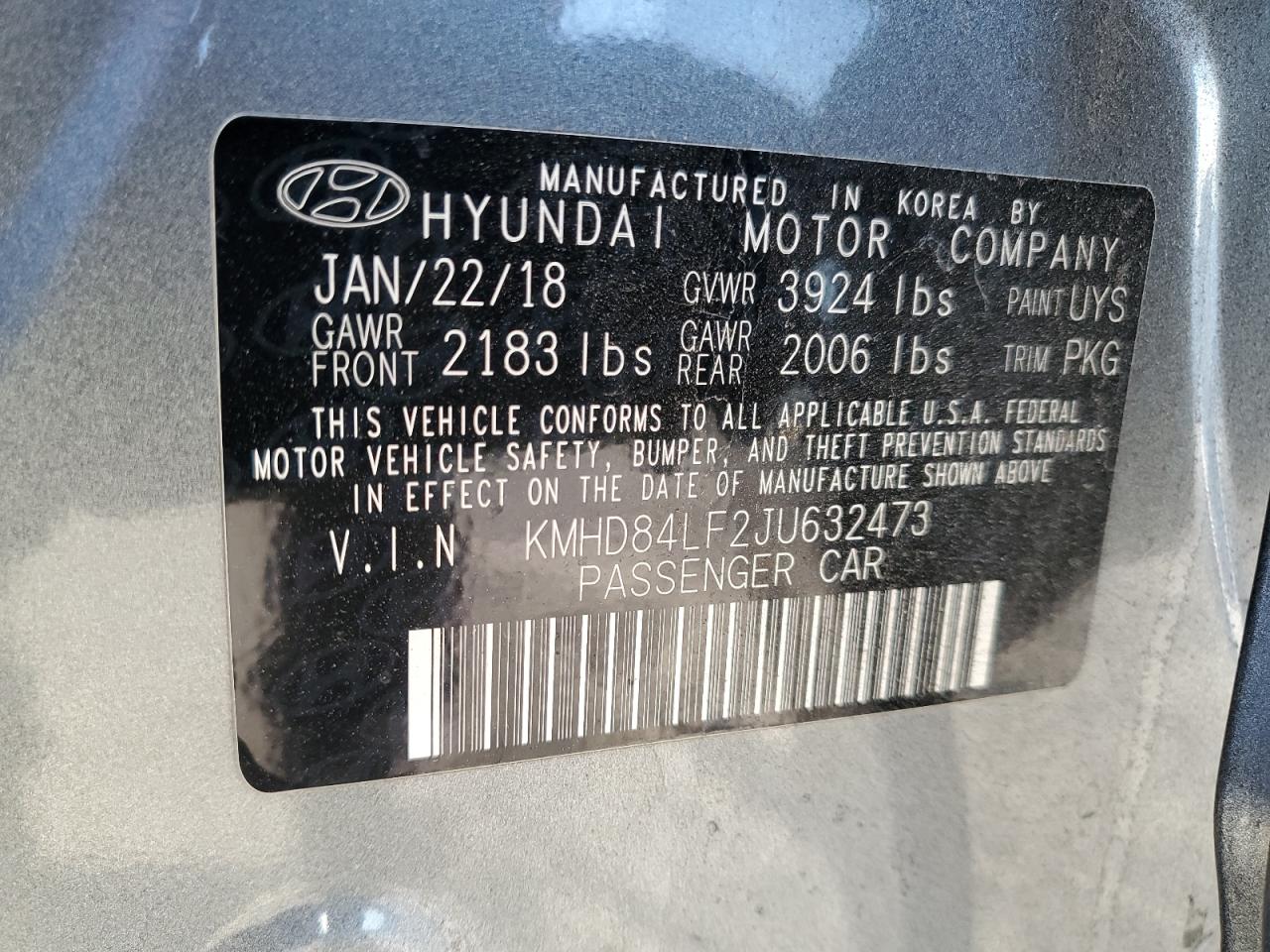 VIN KMHD84LF2JU632473 2018 HYUNDAI ELANTRA no.12