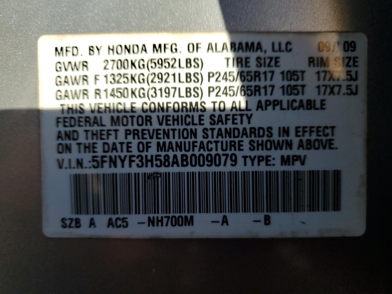 2010 Honda Pilot Exl VIN: 5FNYF3H58AB009079 Lot: 52406315
