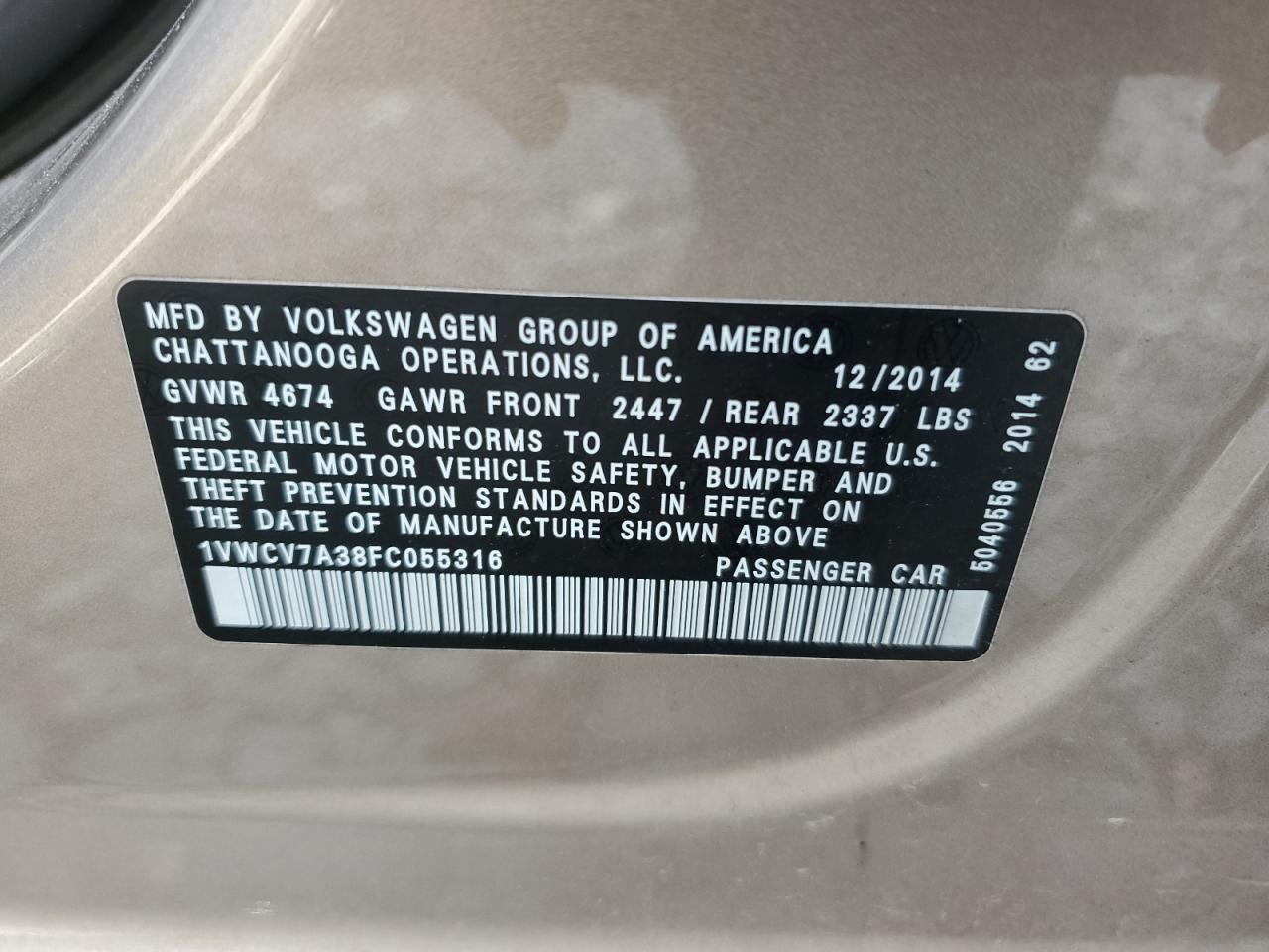 VIN 1VWCV7A38FC055316 2015 VOLKSWAGEN PASSAT no.12