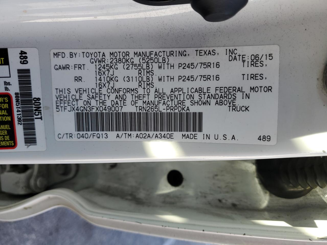 VIN 5TFJX4GN3FX049007 2015 TOYOTA TACOMA no.13