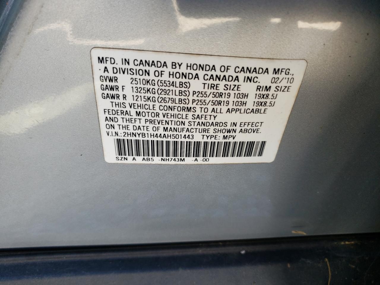 2010 Acura Zdx Technology VIN: 2HNYB1H44AH501443 Lot: 84997314