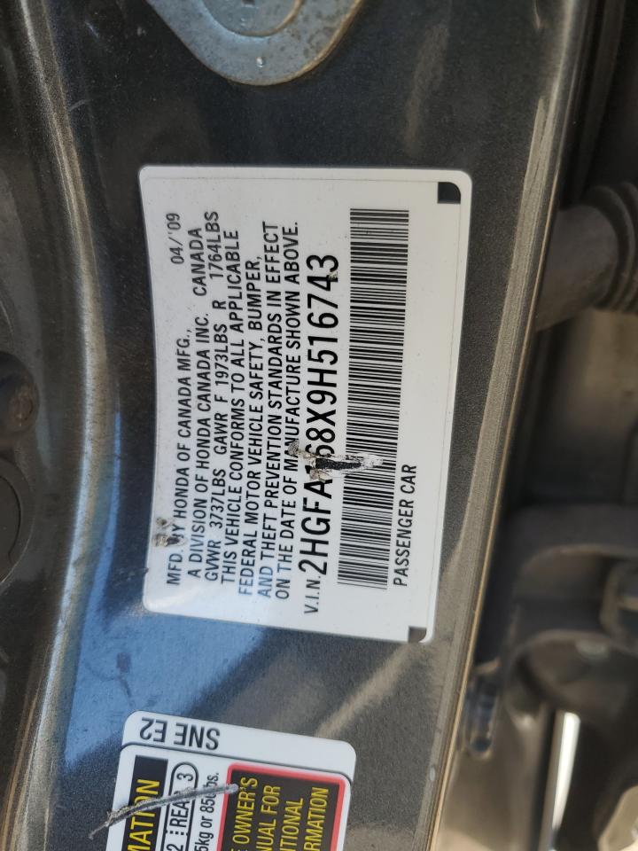 2009 Honda Civic Ex VIN: 2HGFA168X9H516743 Lot: 85492264