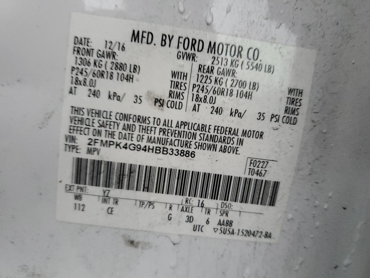 2FMPK4G94HBB33886 FORD EDGE 2017