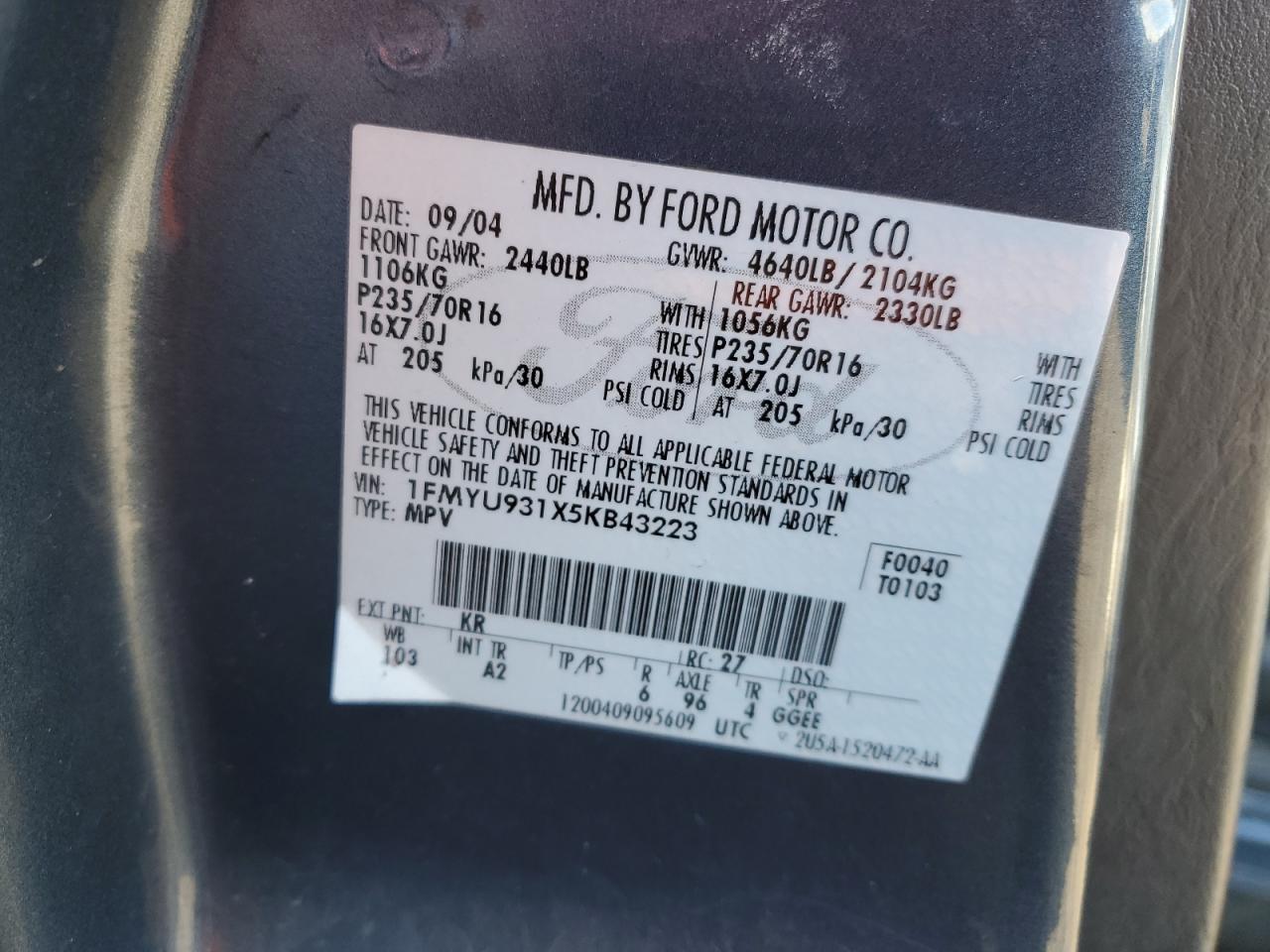 2005 Ford Escape Xlt VIN: 1FMYU931X5KB43223 Lot: 83736724