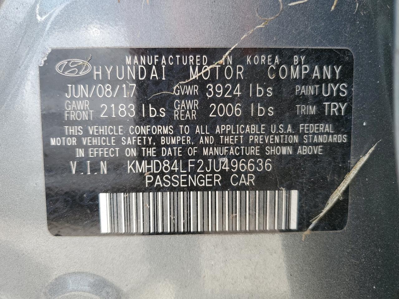 VIN KMHD84LF2JU496636 2018 HYUNDAI ELANTRA no.12