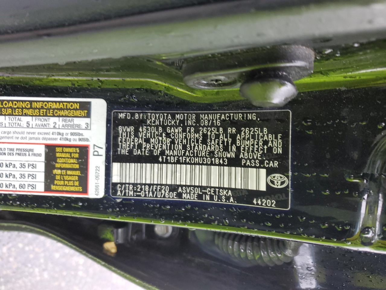 4T1BF1FK0HU301843 TOYOTA CAMRY 2017