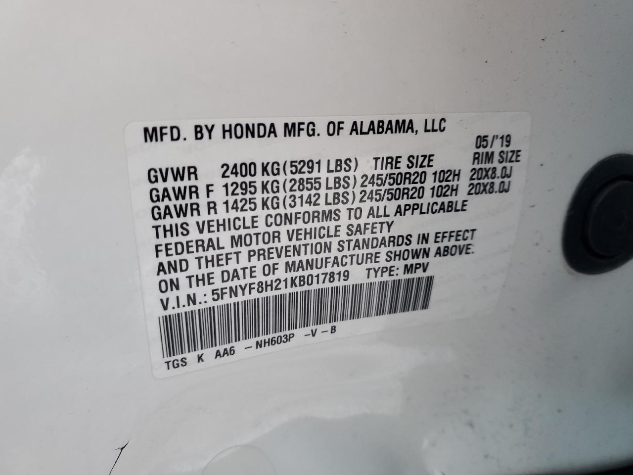 VIN 5FNYF8H21KB017819 2019 HONDA PASSPORT no.13