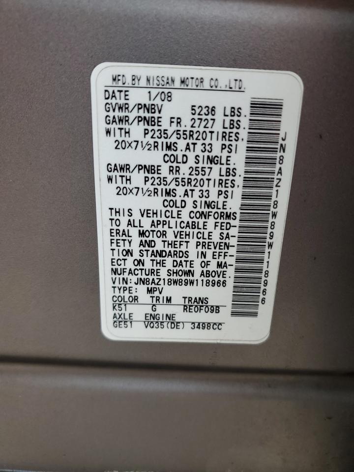 2009 Nissan Murano S VIN: JN8AZ18W89W118966 Lot: 84423324