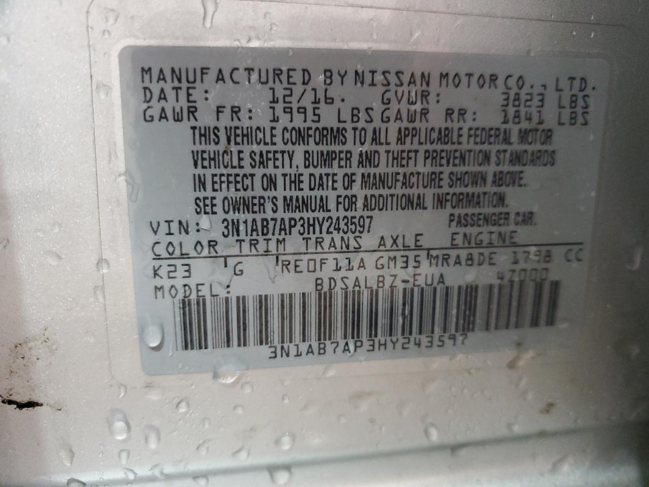 3N1AB7AP3HY243597 NISSAN SENTRA 2017