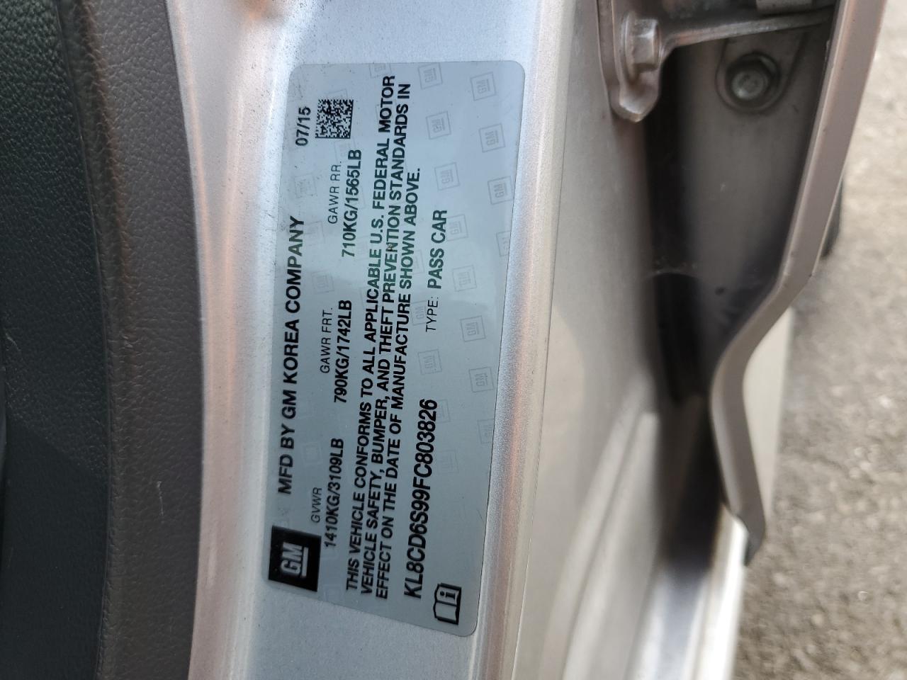 2015 Chevrolet Spark 1Lt VIN: KL8CD6S99FC803826 Lot: 84056304