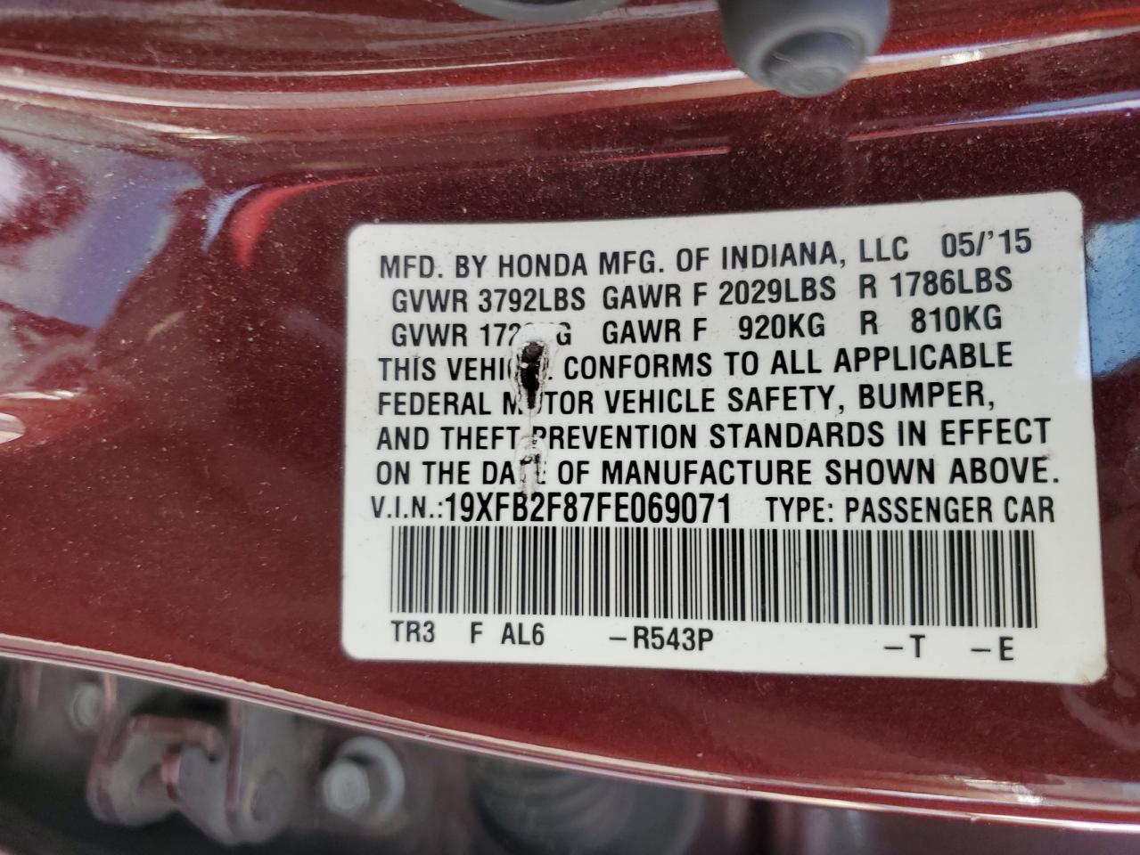 VIN 19XFB2F87FE069071 2015 HONDA CIVIC no.12