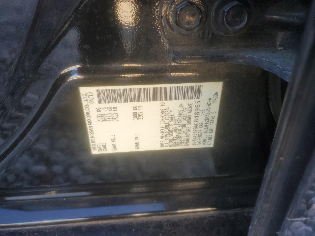 2010 Nissan Maxima S VIN: 1N4AA5AP6AC848965 Lot: 84450884